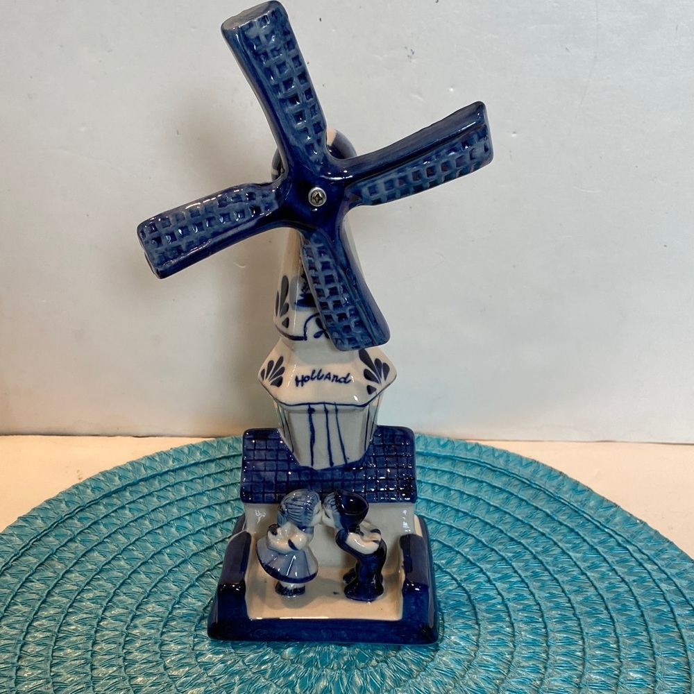 Vintage Holland Delft Blue Porcelain Windmill with Kissing Couple